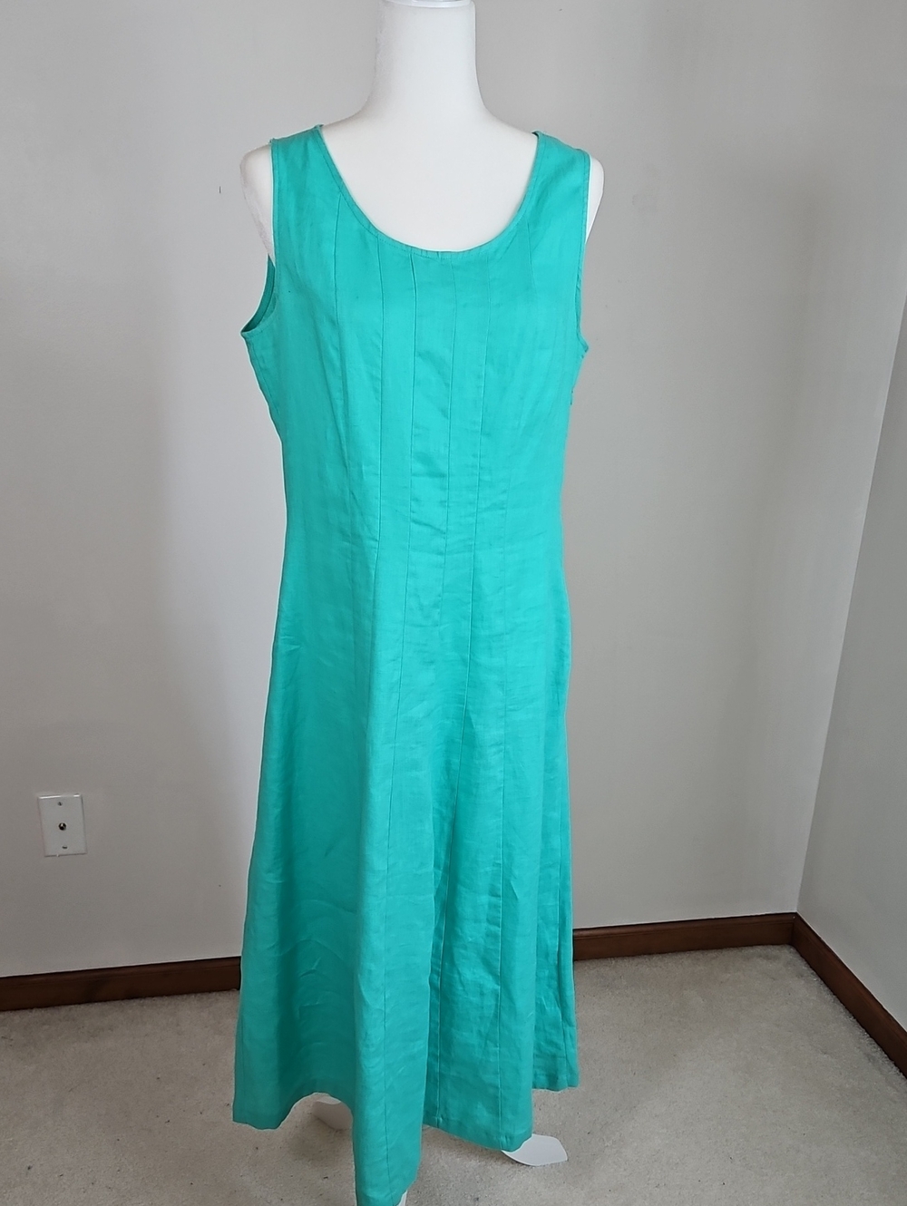100% Linen Midi Dress Pleated Bodice Sleeveless Green Coastal Lagom SZM